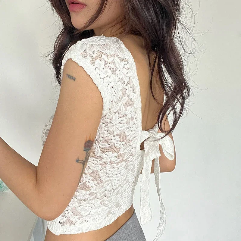 Y2K Lace Patchwork Women T Shirt French Sexy Backless Lace-Up Short Sleeve White Crop Tops Female Summer Slim Bottoming Tees - Image 6