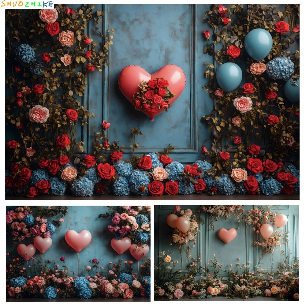 

Valentine's Day Backdrop Flowers Love Heart Balloons Vintage Wall Couple Propose Bride Portrait Wedding Photography Background