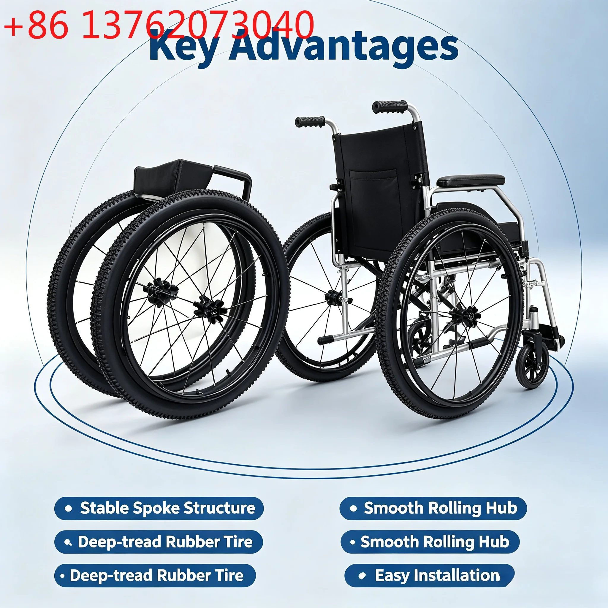24 Inch Shock Absorbing Pneumatic Rear Wheels for Sports Wheelchair, Universal Large Off-Road Replacement Wheel Set Including