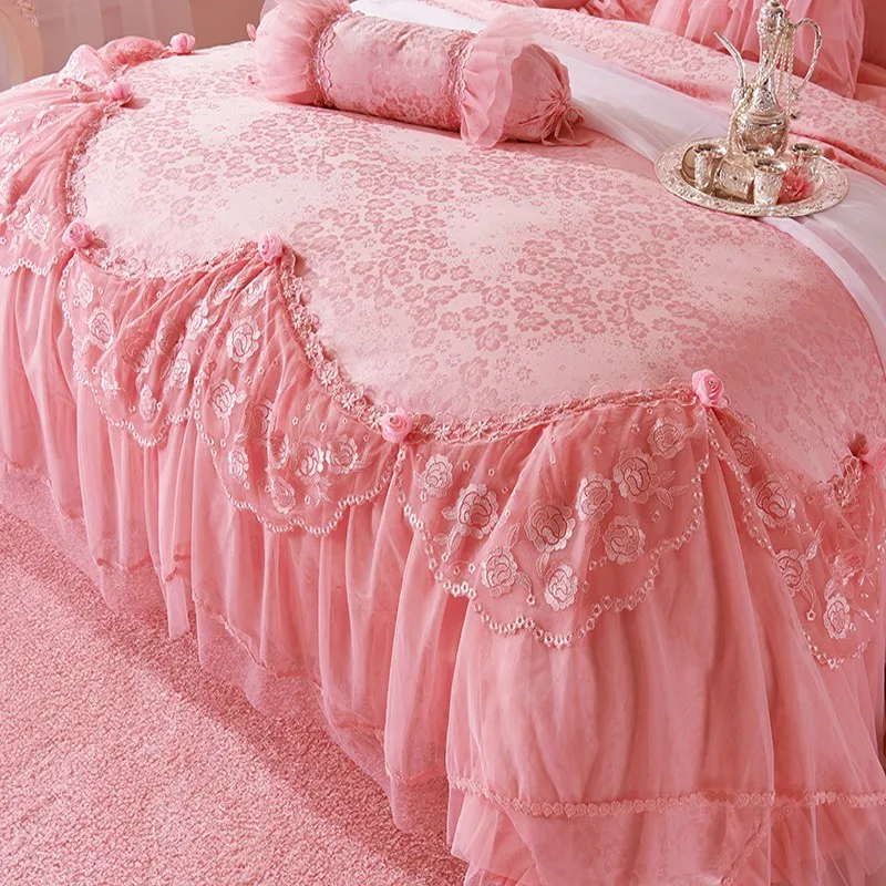 Pink Lace Princess Wedding Luxury Bedding Set King Queen Size Jacquard Stain Cotton Bed Skirt Duvet Cover Bedspread Pillowcases