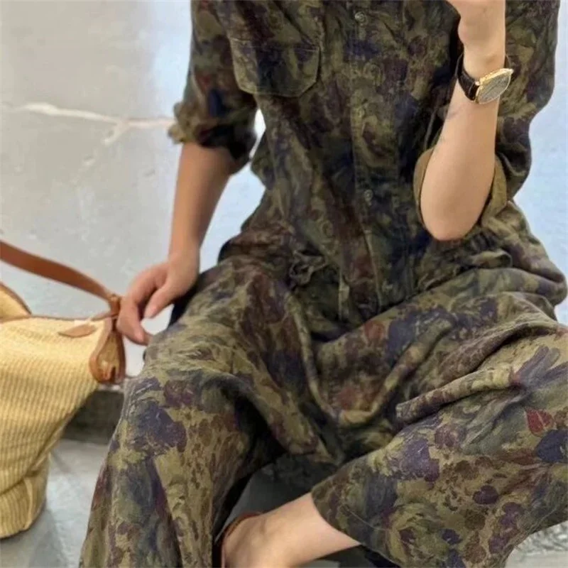 2025 신상 봄 빈티지 플로럴 프린트 점프수트 여성 한국 패션 루즈핏 밴딩 반팔 점프수트