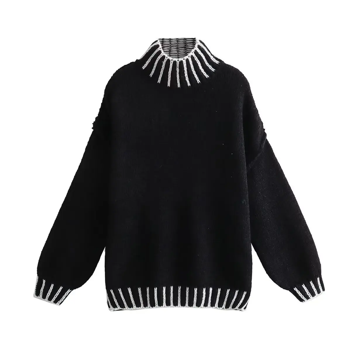 Spring and Autumn European and American Street Casual Two Tone Threaded Hooded Long Sleeve Sweater for Women
