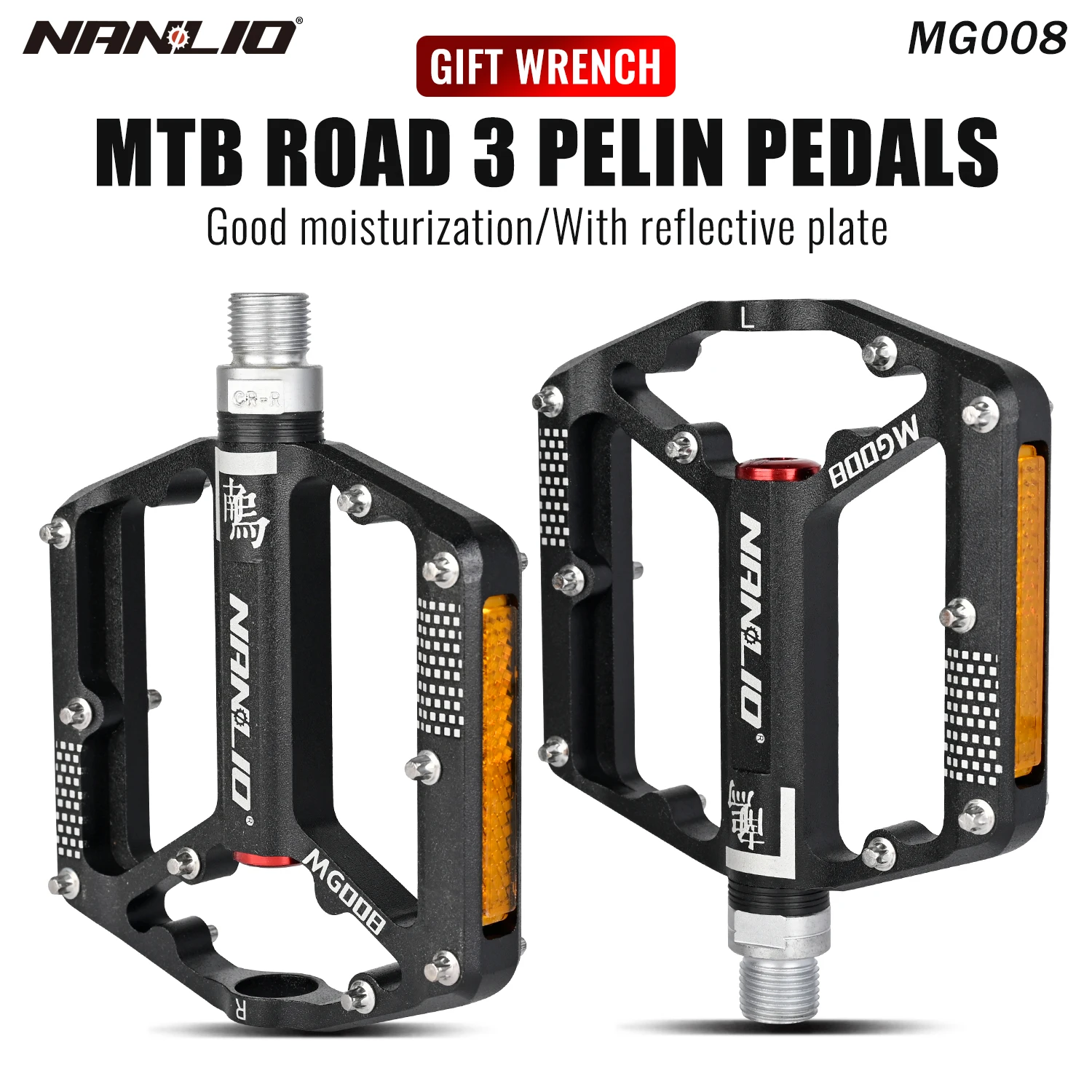 Nanlio Bicycle Pedals Ultra-Light Mountain Bike Pedals, 6 Bearings, Wide Platform, Reflectors, Anti-Skid Pins, 290g Pair