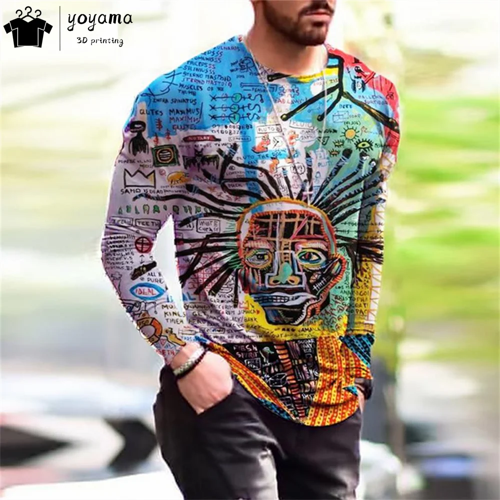 Men's Clothing Fashion Abstract Print T-shirts for Men Casual Hip Hop Long Sleeves O-Neck Street Tops Abstract Graphic T shirts