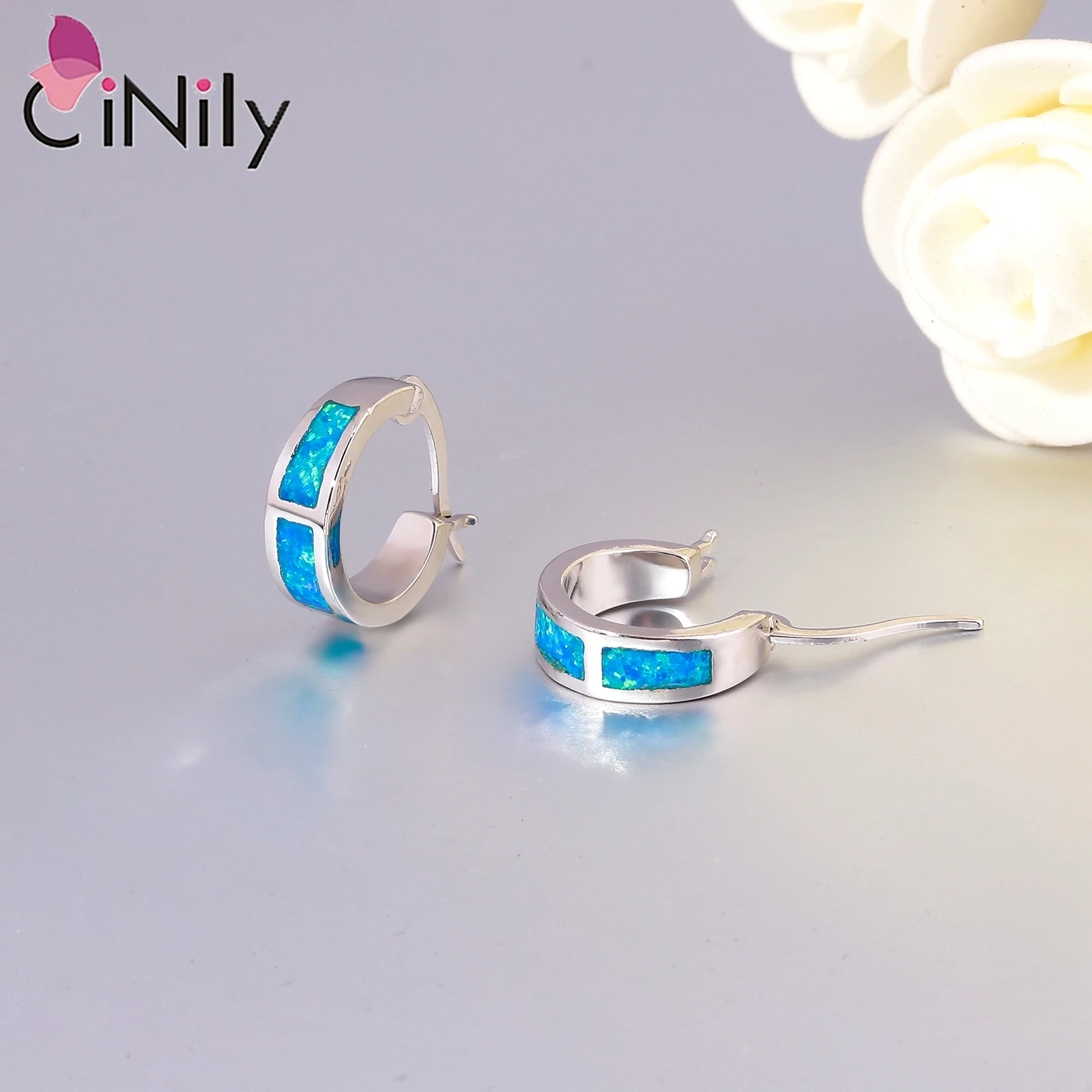 CiNily Stainless Steel Blue/White/Green Fire Opal Earrings for Women Girls Silver Color Adjustable Hoop Earrings Fashion Jewelry