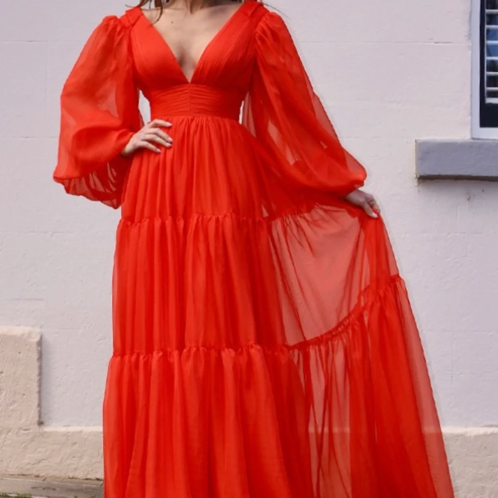 Sexy Red فساتين نسائيه للسهرات  V Neck 30D Chiffon Long Sleeves Natural Waist Zipper Back A Line Sweep Train Formal Dress