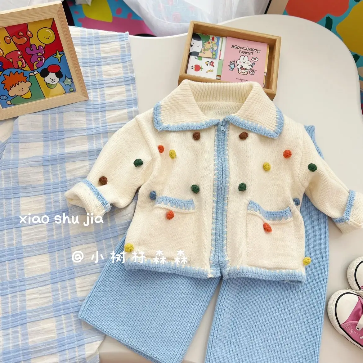 Childrens Clothing 2024 Autumn Color Ball Sweater Short Jacket Baby Knitted Sweater Knitted Pants Set Kids Clothes