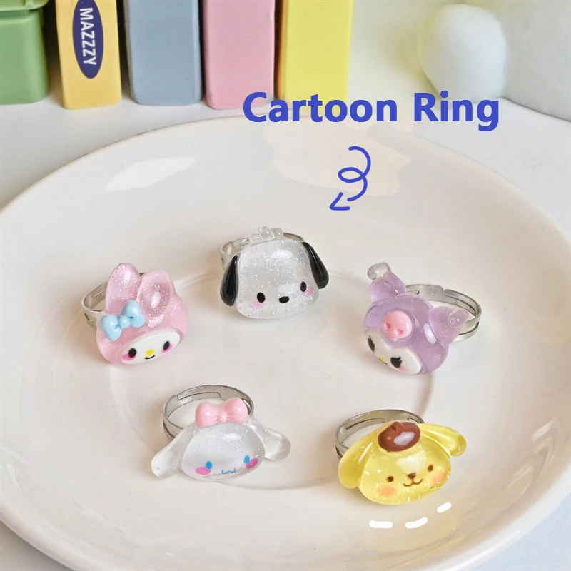 Sanrio-anillo ajustable de apertura para mujer y niña, sortija ajustable con diseño de Pachacco, Cinnamoroll, Kuromi, Purin