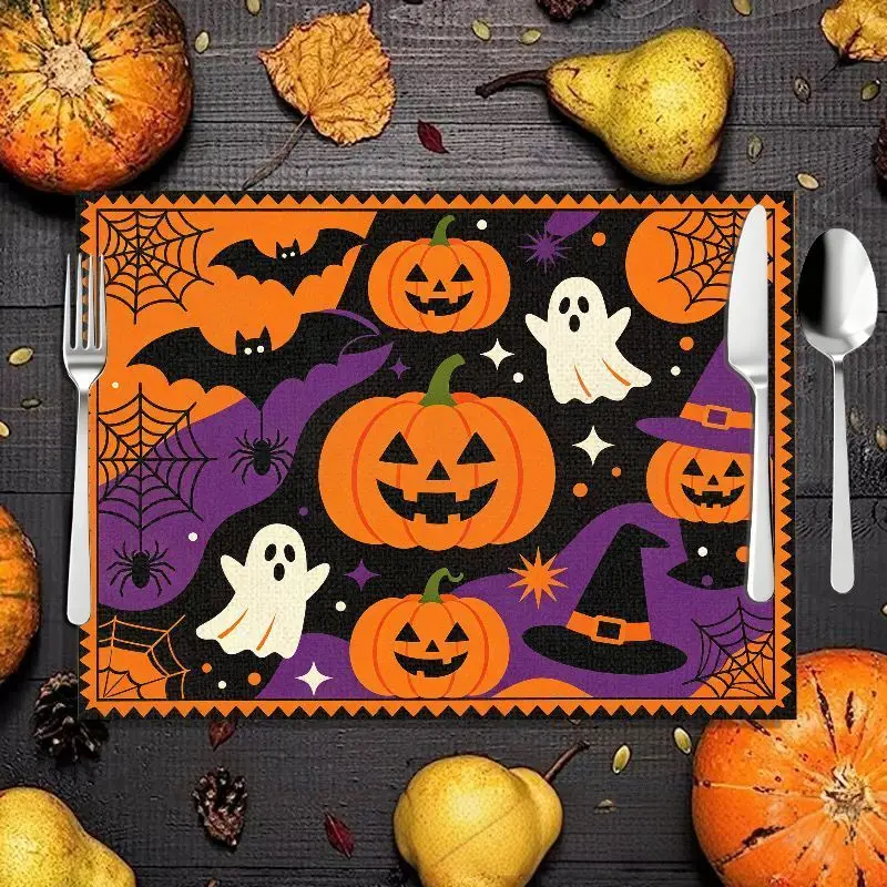 VIKAMA 2/4/6PCS Halloween Table Mat, Pumpkin Ghost Bat Spider Maple Leaf Table Mat, Spooky Party Table Decoration