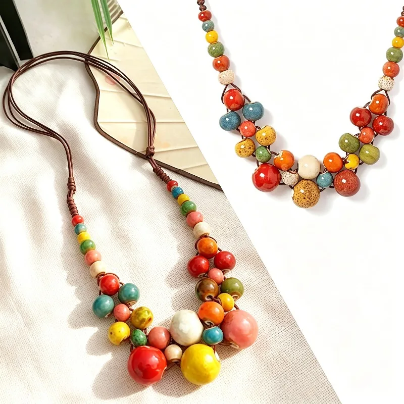 Multi-layer Ceramic Beaded Color Handmade Long Bead Chain Bohemian Retro Ethnic Style Clavicle Chain Fashion Jewelry Necklace