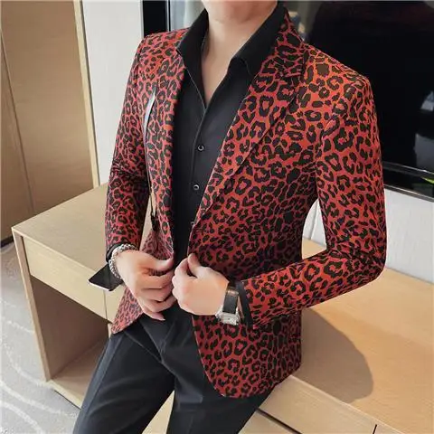 4-G10  High-end leopard print suit jacket for men trendy 2023 new Korean styleslim ritish style casual suit tops