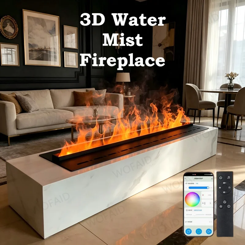 3D Water Mist Fireplace 100cm,Wall Mounted,Realistic Flame Effect with Driftwood,Remote Control,No Heat,Modern Living Room,Black
