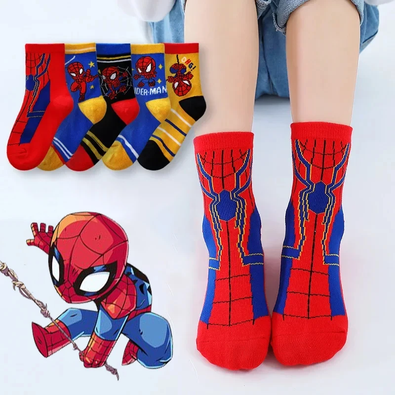 5 Pairs Spiderman Children's Socks Set Superhero Cartoon Anime Kids Boys Short Socks Baby Leisure Spring Summer Sock 1-12 Y Gift