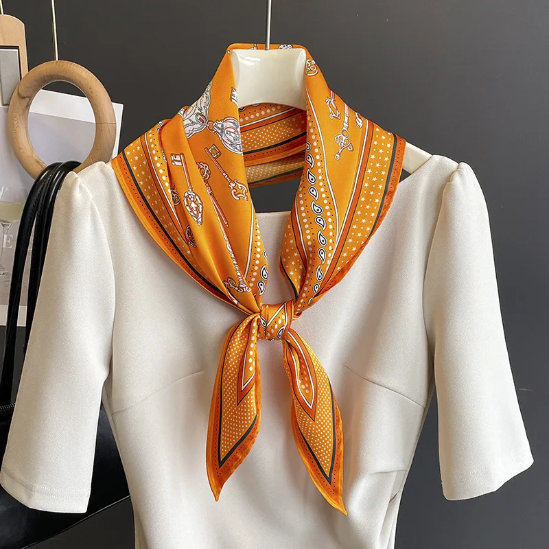 2024 Fashion Twill Silk Women's Neck Scarf Vintage Key Print Imitation Silk Ladies Hair Hats Ribbons Summer Dress Belt 45X120CM