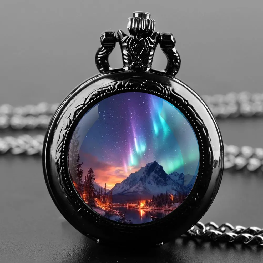 Polar Lights Glass Dome Vintage Quartz Pocket Watch Men Women Pendant Necklace Chain Charm Clock Watch Jewelry Gifts