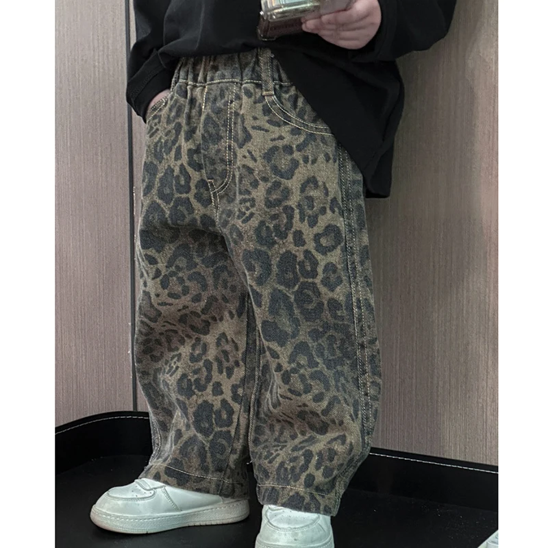 

Autumn Winter Boys Leopard Print Pants Elastic Waist Casual Jeans Kids Trendy Trousers Lightweight or Fleece-Lined