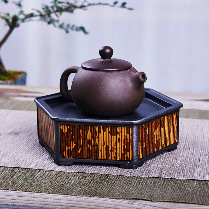 Hexagonal Bamboo Woven Tin Tea Tray, Dry Brewing Tea Boat, Coin Pattern Carving, Chinese Tea Ceremony Accessory with Auspicious