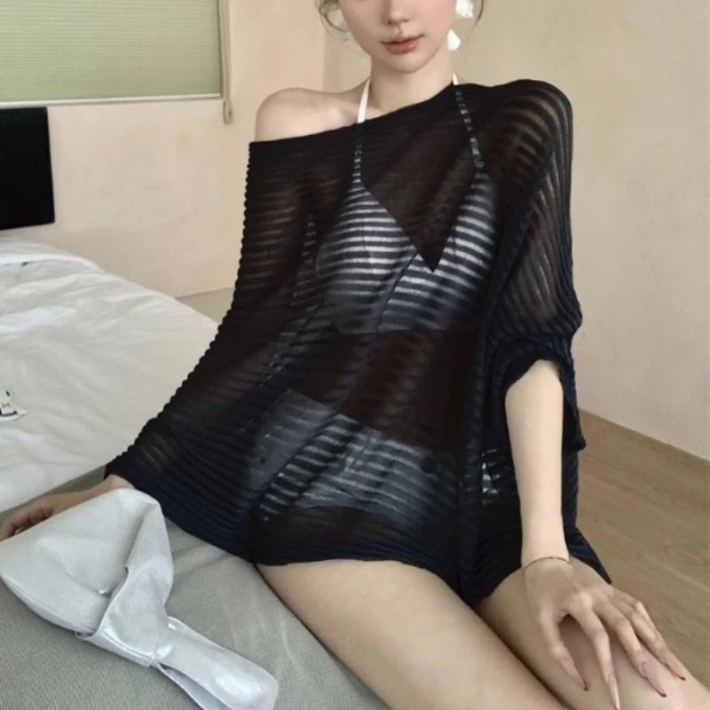 

Асимметричная вязаная накидка для женщин, топ-пончо, прозрачная сетчатая блузка с разрезом на шее, рукава «летучая мышь», женский отпускной наряд в стиле бохо