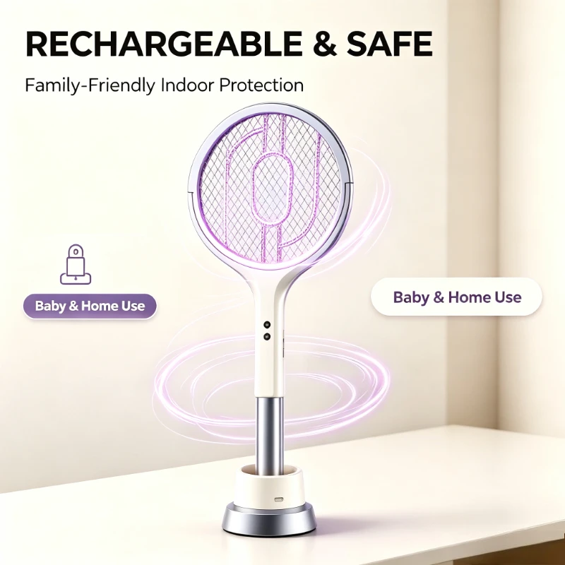 Rechargeable 2-in-1 Electric Mosquito Swatter Telescopic Foldable UV Insect Trap Portable Indoor Bug Zapper Home Use