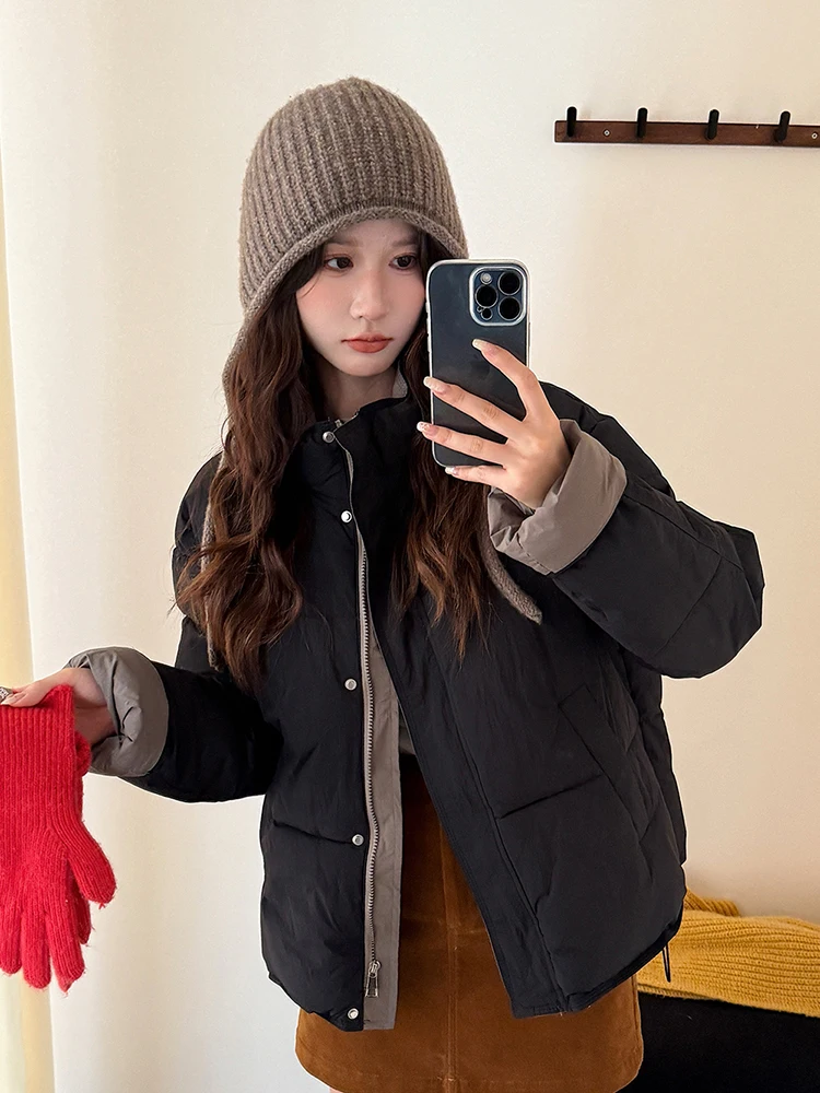 Koreanische Süße Warme Parkas Frauen Mode Langarm Winter Dicke Baumwolle Mantel Beiläufige Lose Stehkragen Taschen Weibliche Chic Jacke