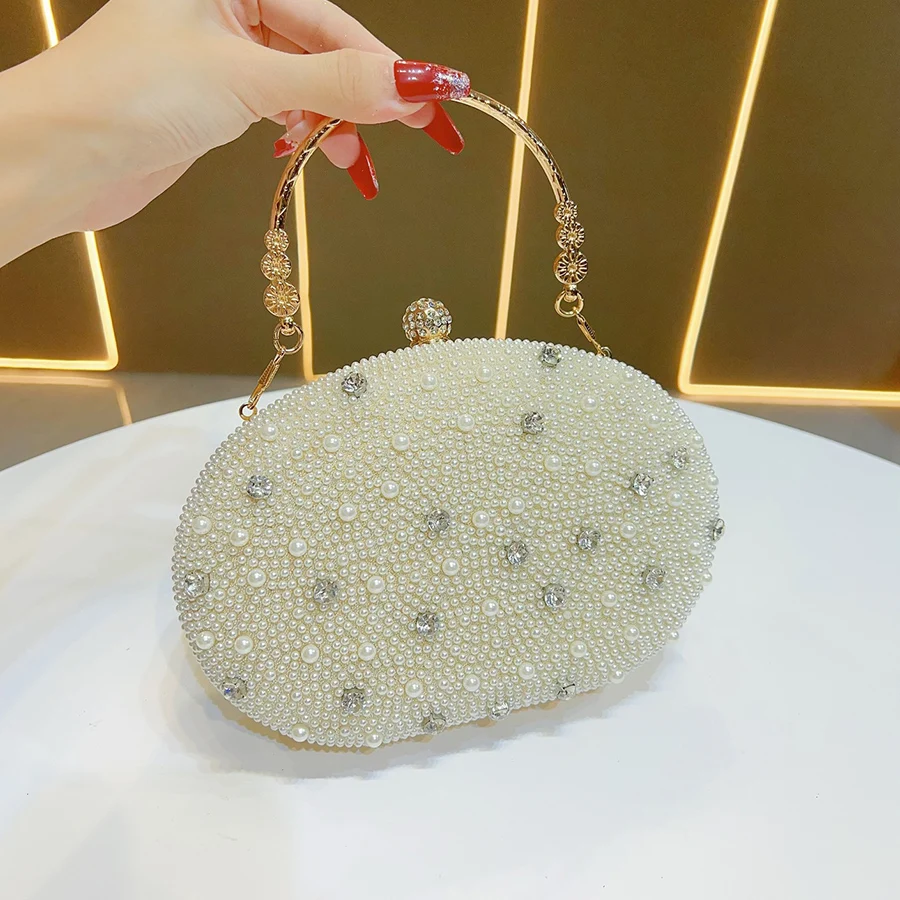 Semicircle Handmade Evening Bag Chain Shoulder Bag Full Beaded Diamond Clutch Bag Ladies Artificial Pearls Handbag for Wedding