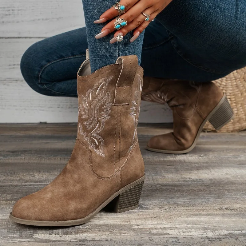 Quality Women's Shoes New Soft Mid-boot Women's Shoes Casual Women's Vintage Cowboy Buckle Knight Ankle Boots