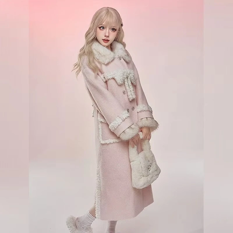 2026 Autumn Winter Y2K Lolita Long Woolen Coat Sweet Plush Big Bow Princess Style Warm Coat Pink Casual Kawaii Tea Party Coat