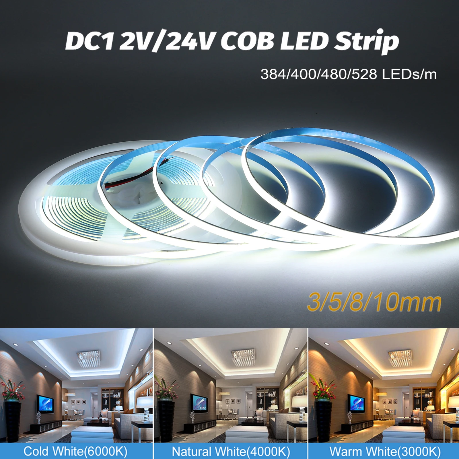 3mm 5mm Super Thin LED Strip 12V 24V Dimmable 3000K/4000K/6000K 8mm 10mm LED Tape 1m 3m 5m Flexible LED Strip For Room Decor