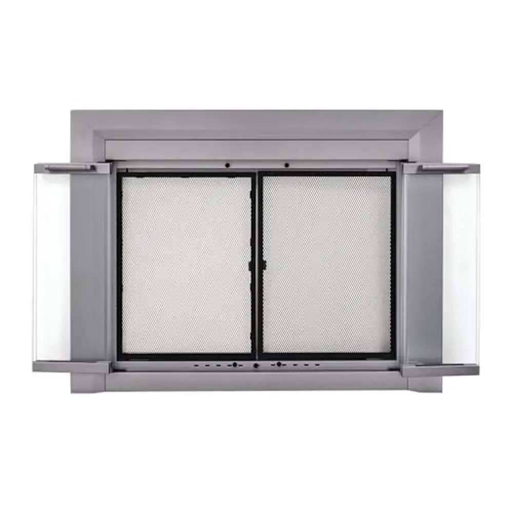 Medium Skyline Nickel Glass Fireplace Doors Energy Efficient Easy Grip Handles Fixed Mesh Panels Hidden Damper Control 37.5