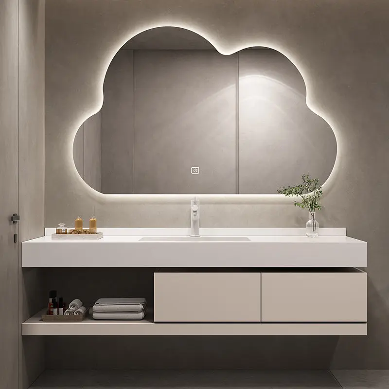 

Комплект мебели для ванной из массива дерева, интегрированная раковина из керамогранита, тумба под раковину, умывальник.