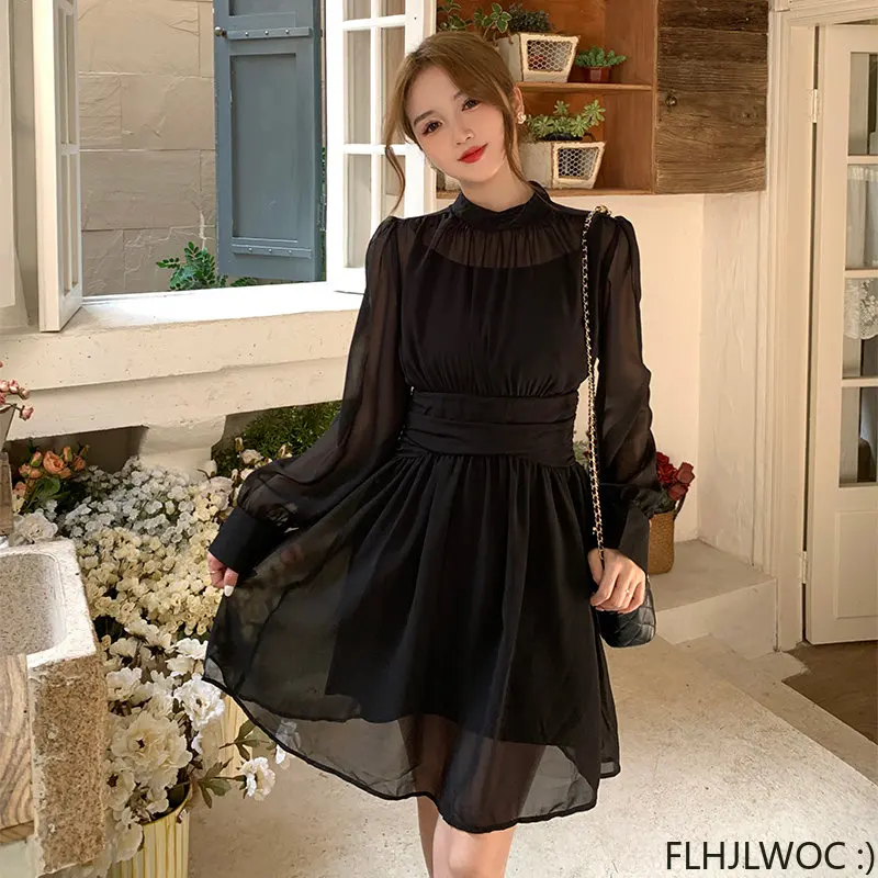 2023 New Chic Elegant Annual Meeting Black Mesh Sheer Dress Fashion Women Stand Collar French Design Long Dresses Vestidos