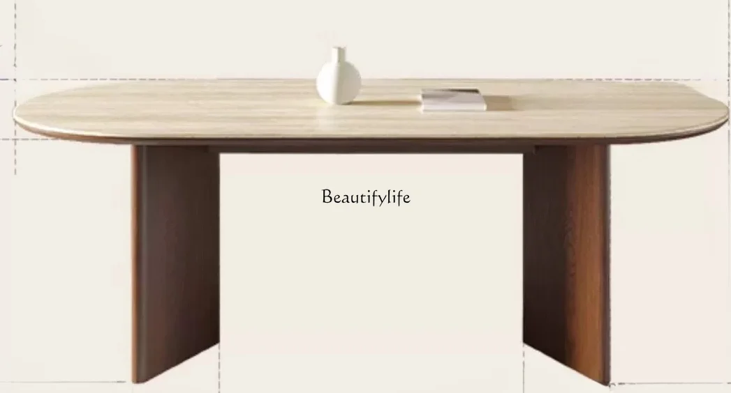 

Chinese Ancient Style Stone Plate Dining Table Household Solid Wood Cave Stone Retro Oval Log Dining Table