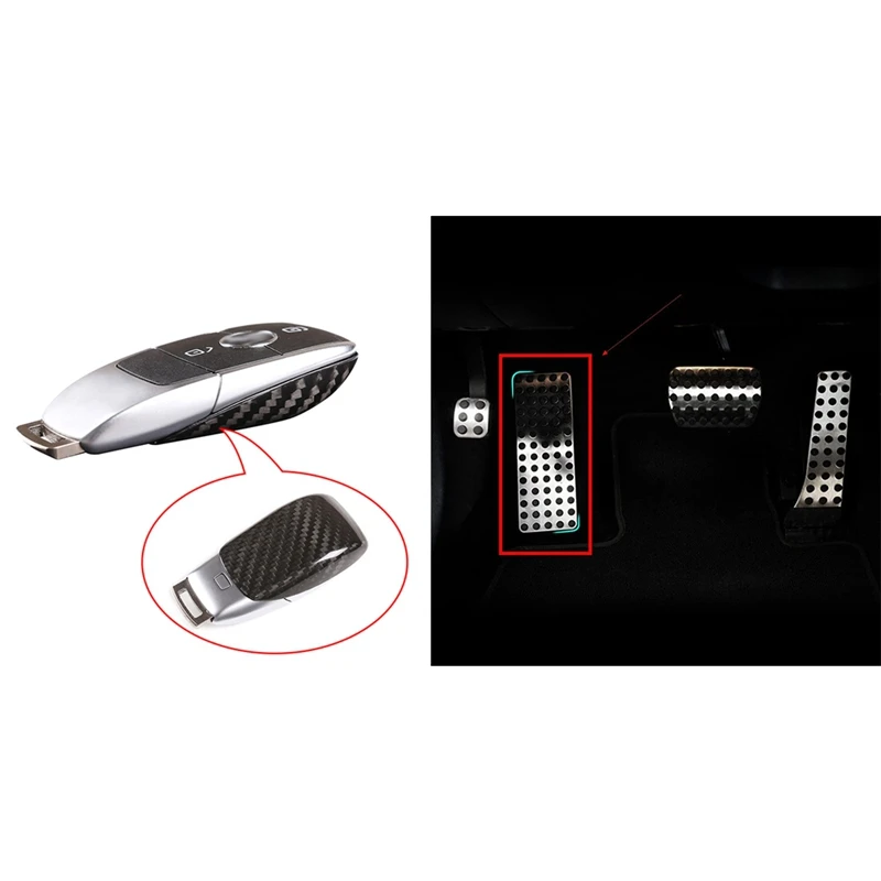 2 Pcs Car Accessories: 1 Pcs Carbon Fiber Key Shell Key Sleeve Cover & 1 Pcs Car Foot Pedal Rest Pedal Pad