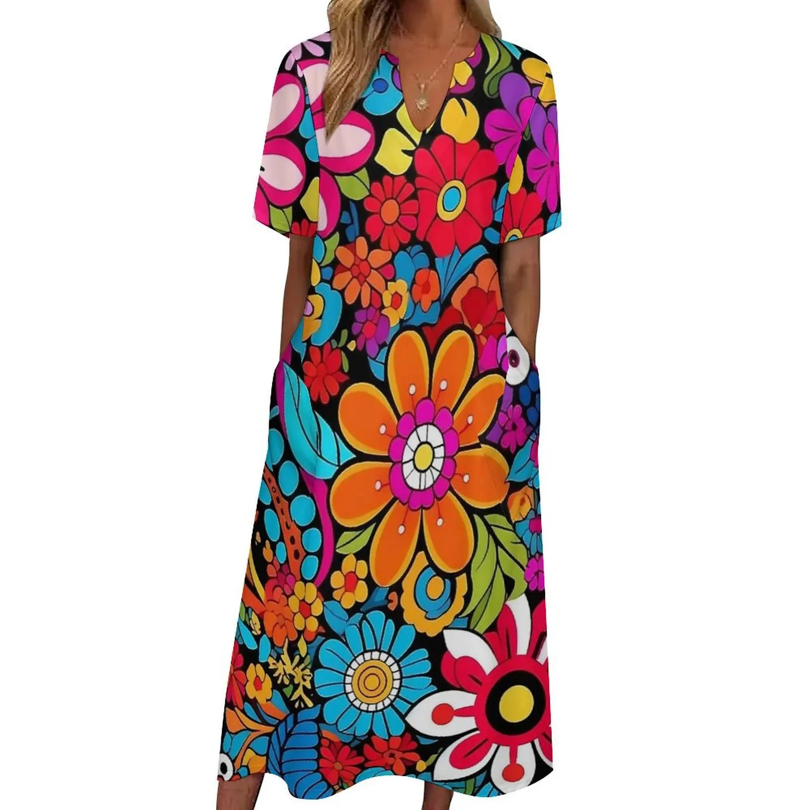 Psychedelic Flowers Dress Flower Power Elegant Maxi Dress Street Fashion Casual Long Dresses Women Short Sleeve Oversize Vestido