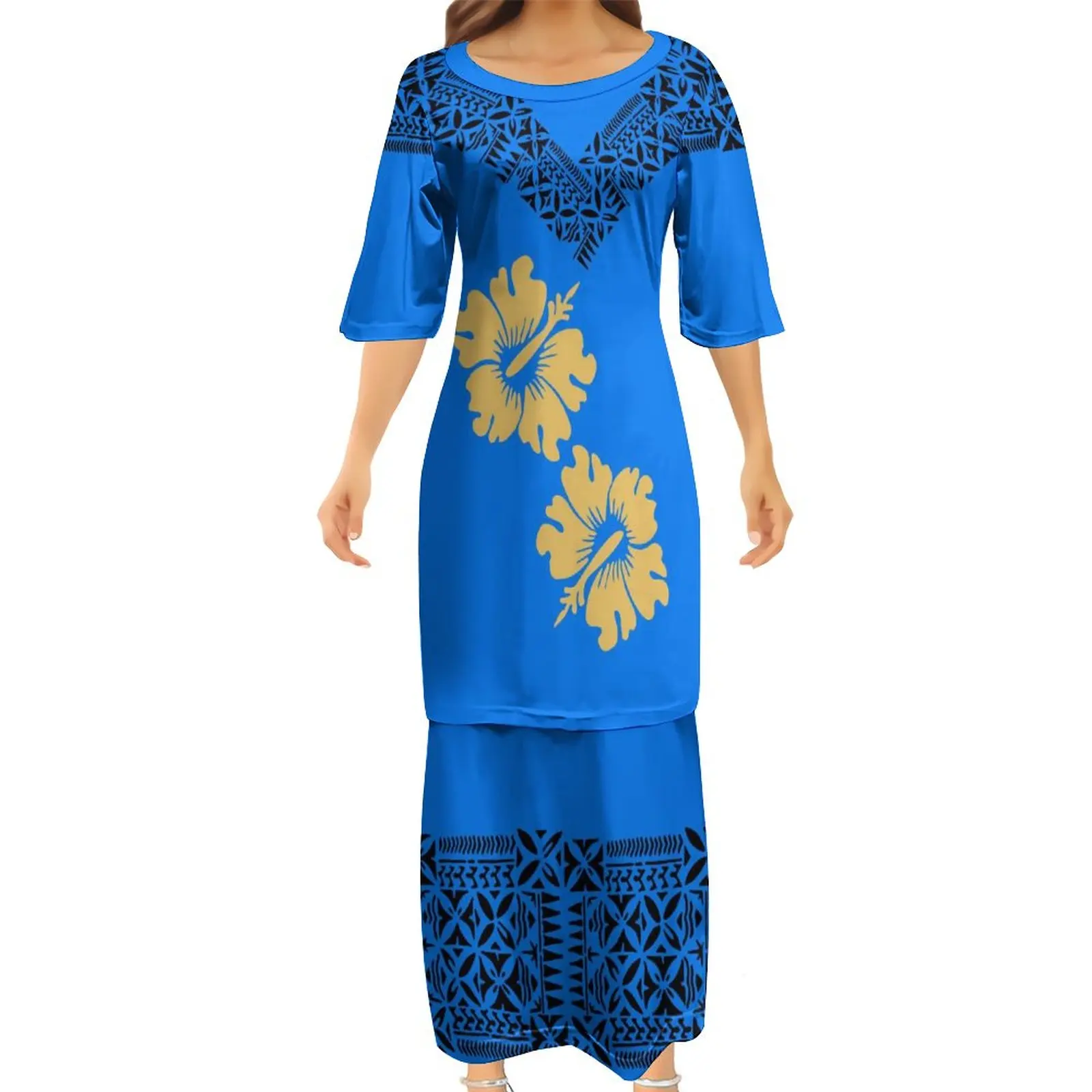 High Quality Customs  Women Club Bodycon Dresses Samoan Puletasi Polynesian Traditional Tribal New Design Dress 2 Piece Set