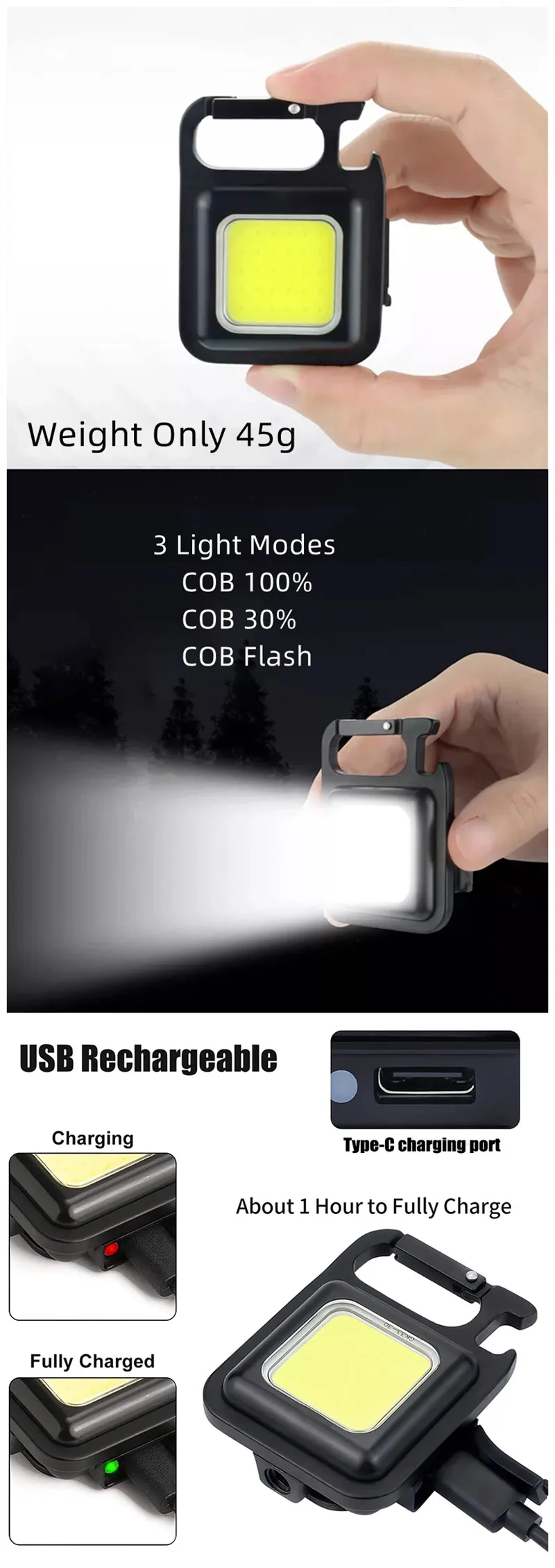 Rechargeable 4 Light Modes Portable Pocket Light Keychain Mini Flashlight With Bottle Opener Magnet Base Folding Bracket