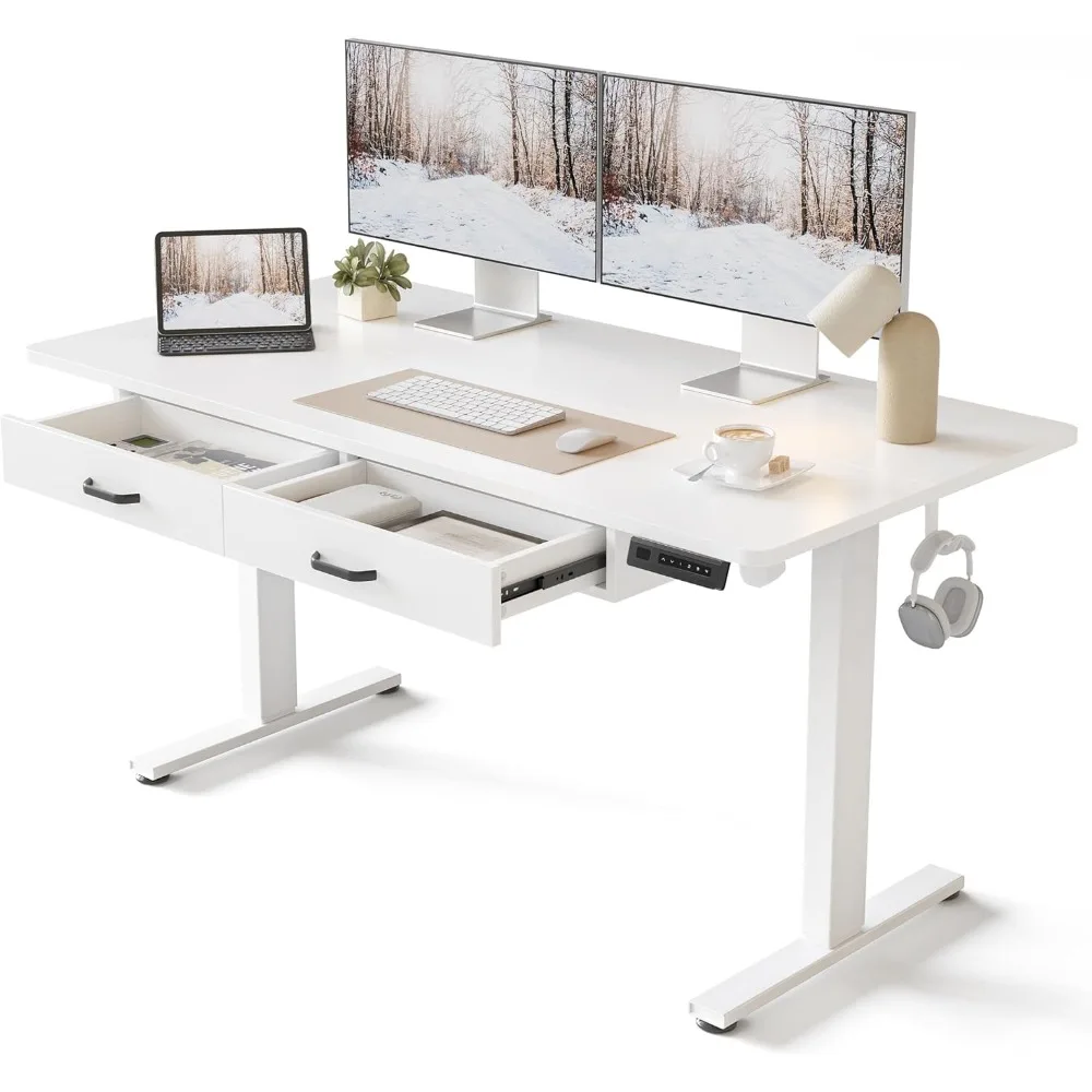 

55 x 24 Inches Standing Desk with Double Wooden Drawers, Adjustable Height Electric Standing Desk, Stand Up Home Office Desk wi