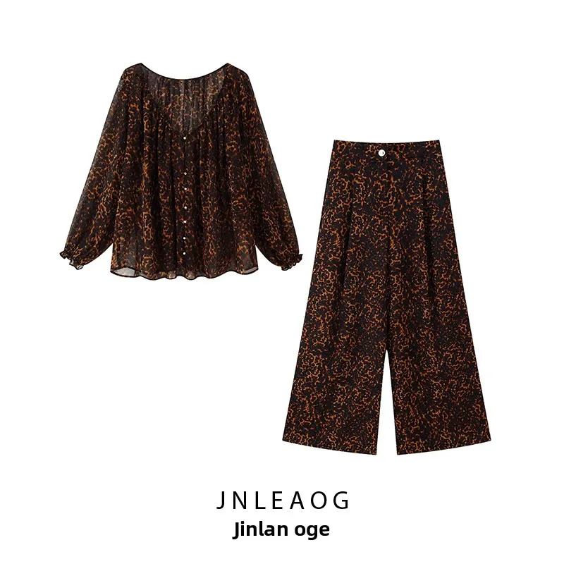 

JNLEAOG, осенние новые женские полупрозрачные широкие брюки с цветочным принтом, комплект Faion Long Sve European Sle для взрослых