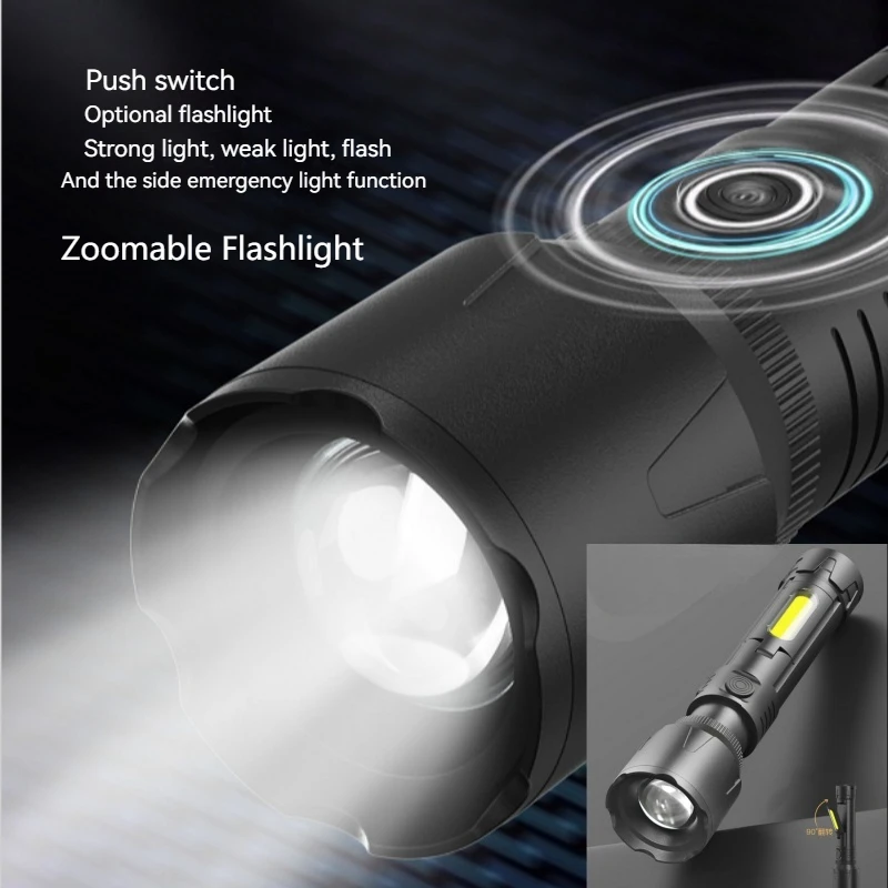 USB ชาร์จไฟฉาย LED Zoomable EDC ไฟฉาย COB ด้านข้างทํางานโคมไฟกันน้ําไฟฉุกเฉินกลางแจ้ง