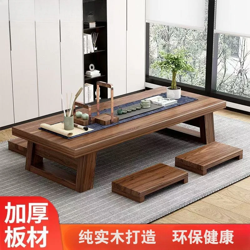 Simple pure solid wood Chinese tea table Zen balcony tatami coffee table long low table simple multi-functional long