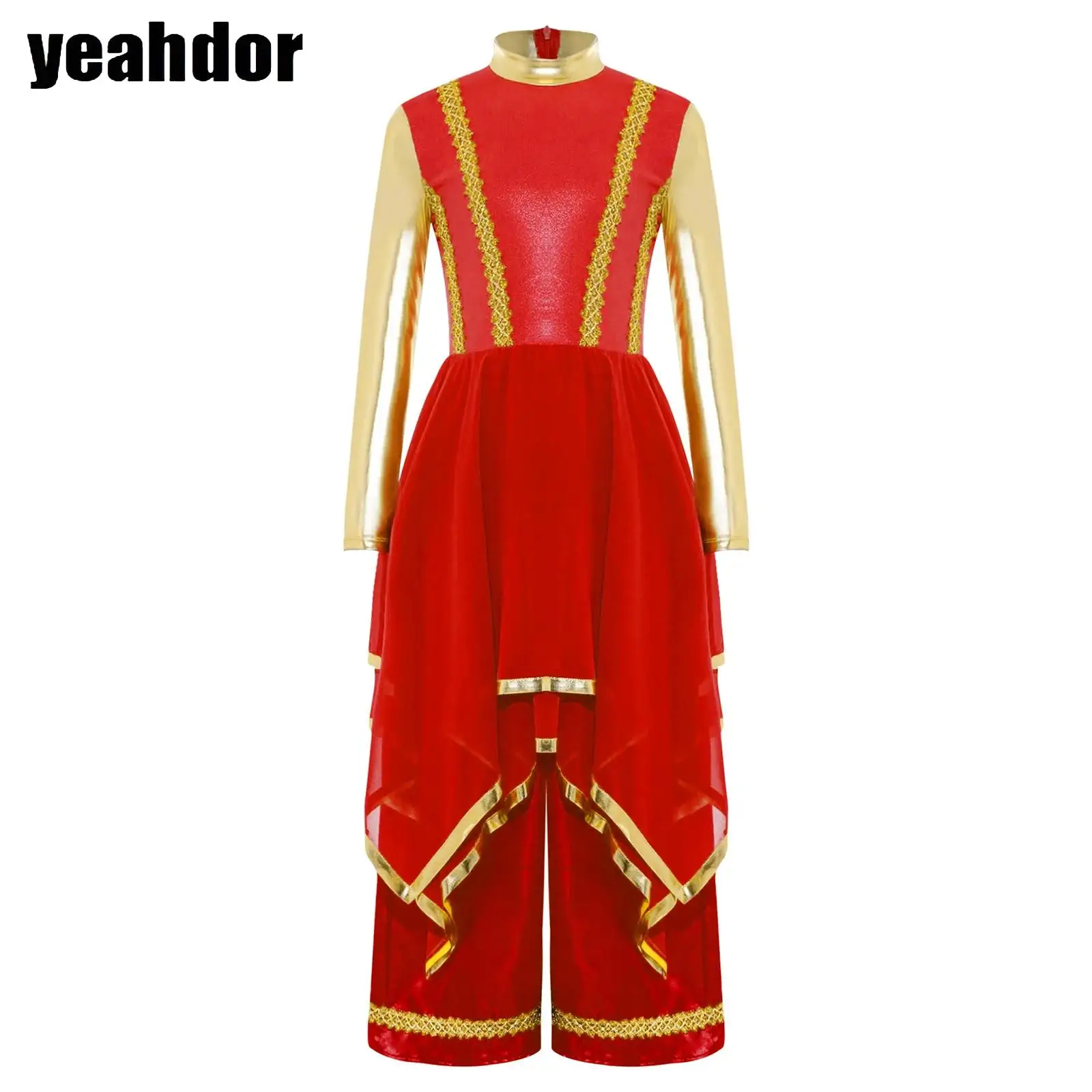 

Girls Liturgical Praise Worship Dance Costume Long Sleeve Gold Trims Metallic Patchwork Irregular Hem Dress with Wide-Leg Pants