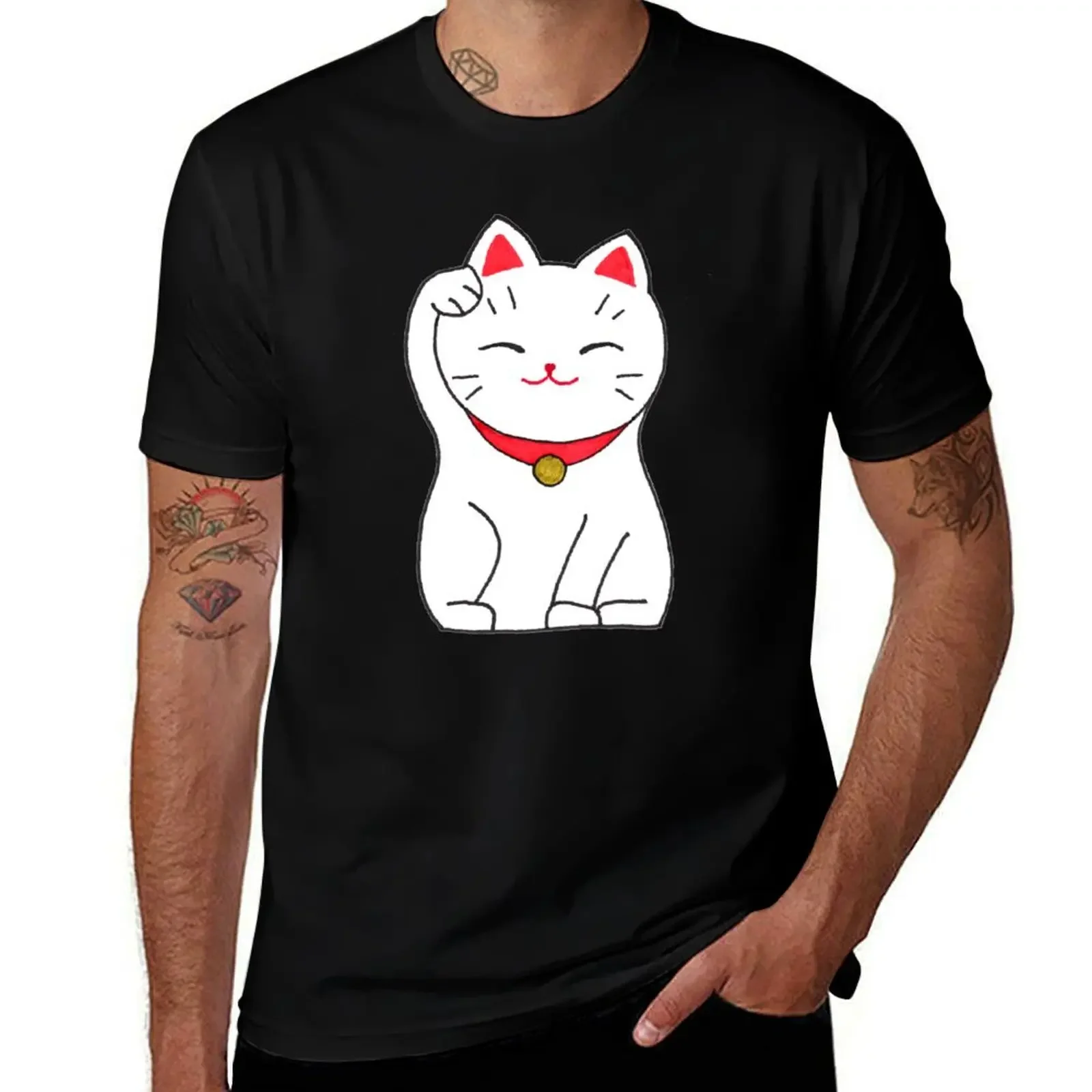 Hand drawn watercolor cute cats - Japanese Maneki Neko T-Shirt vintage anime shirt anime stuff Men's t shirts