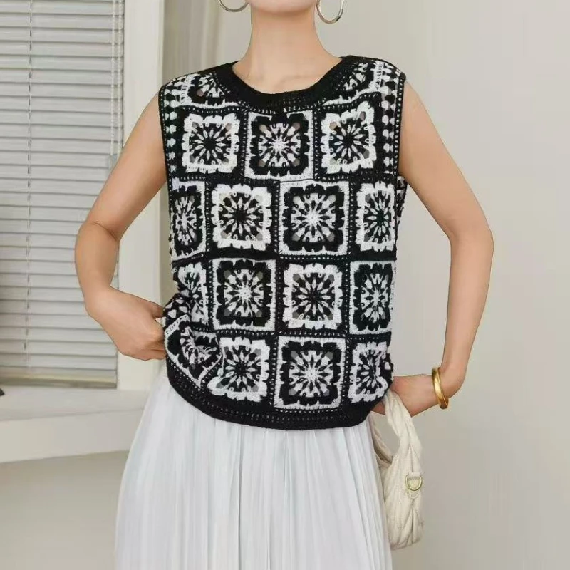 Granny Square Crochet Top Sleeveless Openwork Hollow Out Lace Blouse Women Spring Summer Vintage Boho Cottagecore Beach Cover Up