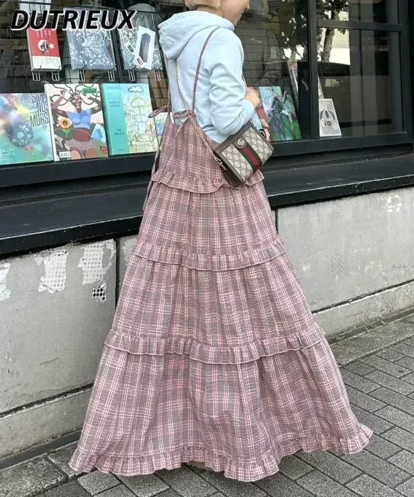 Vestido longo retrô estilo japonês feminino, saia solta sem mangas, alça ajustável de cinta de espaguete, vestido de babados em camadas, combina com tudo