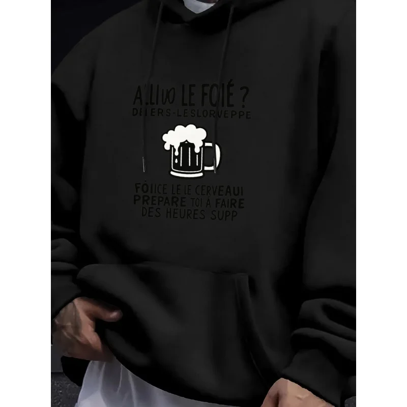 ¿Sudadera con capucha para hombre con estampado de taza de cerveza negra A L'UO LE FOIÉ? Diseño de texto Ropa casual de algodón de alta calidad para trajes diarios y de fiesta