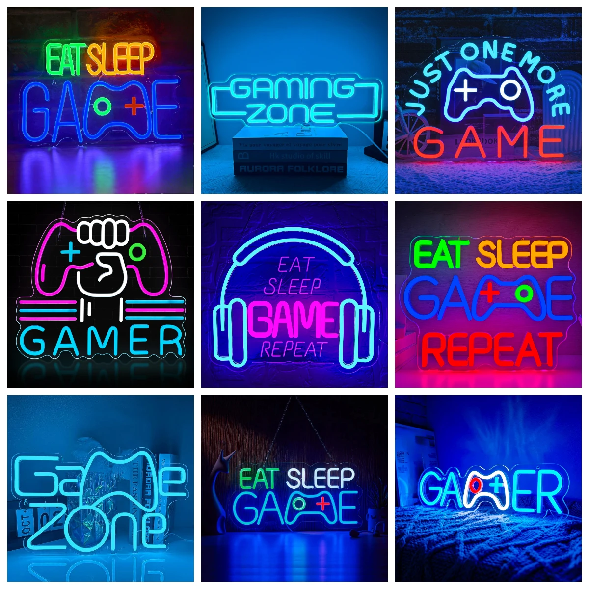 Game Room Decor EAT SLEEP GAME Dimmable LED Neon Sign Beer Bar Man Cave Bedroom Home Art Gaming Neon Light Signs Wall Sign