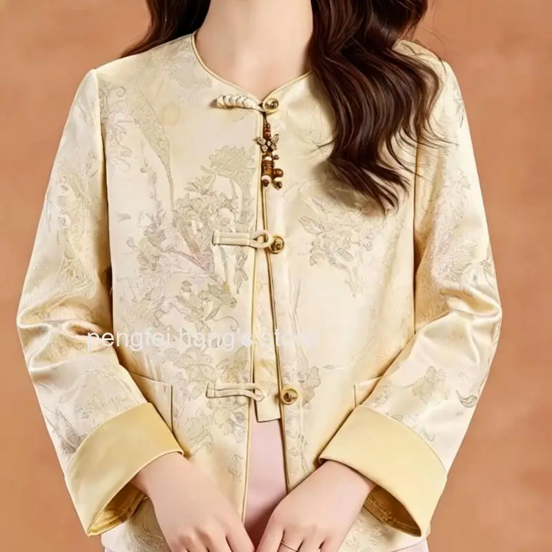 Women New Chinese Style Floral Jacquard Knot Button Jacket Round Neck Long Sleeve Vintage Tang Suit Cardigan for Autumn
