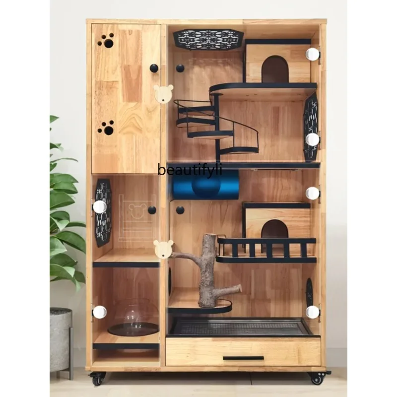Oversized Luxury Villa with Air Conditioner Ice Mat Pet Cage Rubber Solid Wood Double Layer