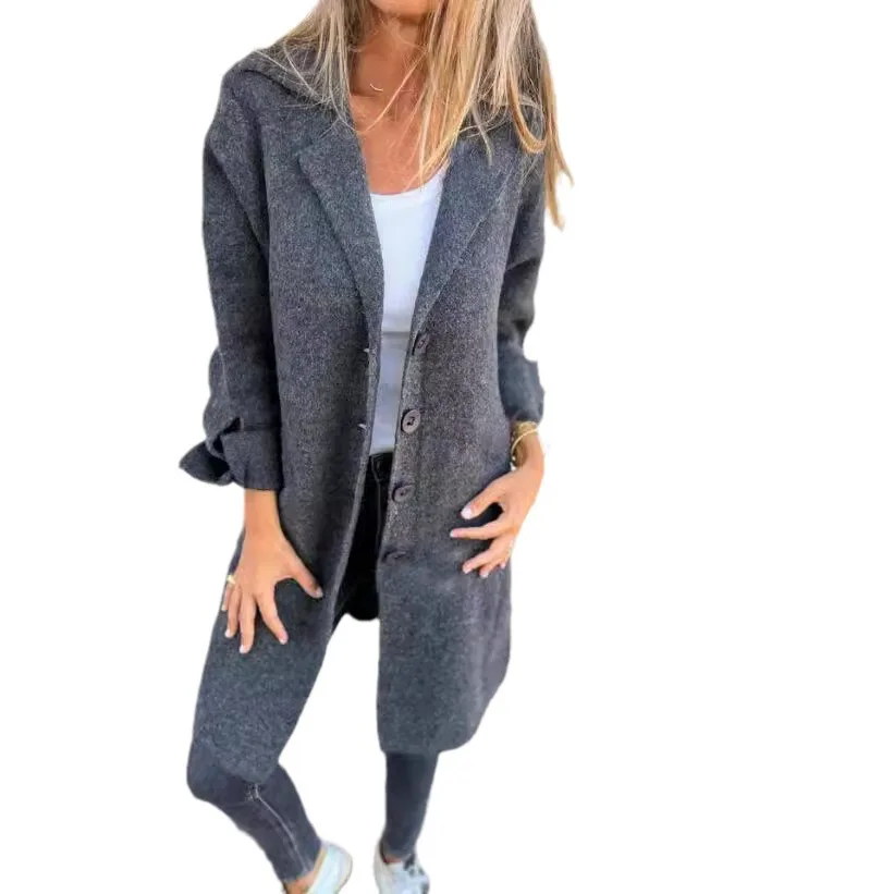 Cardigan con colletto in puro colore da donna autunno inverno con bottone singolo cappotto di lana di media lunghezza transfrontaliero New Sle