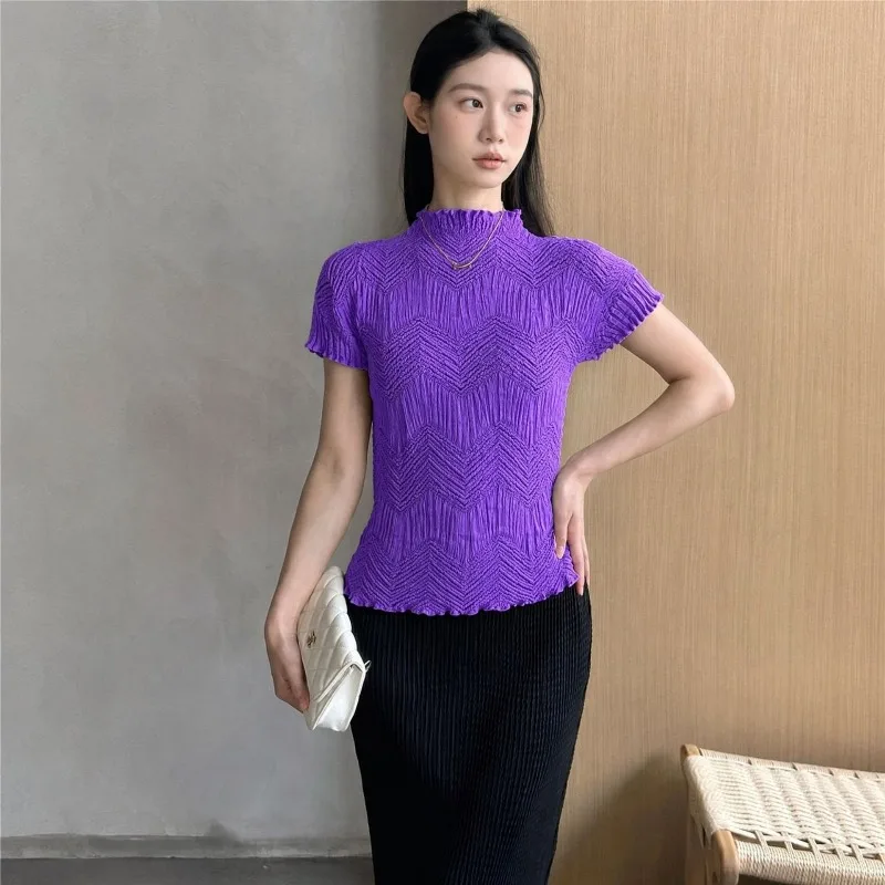 Miyake Pleated 2026 New Original Summer Ruffled T-Shirt Top Summer High-End Slim Fit Small High Neck Simple Elegant Short Sleeve